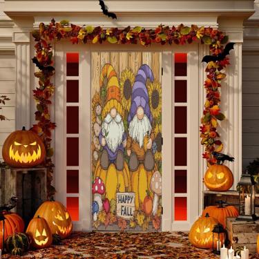 Imagem de ATTX Capa para porta da frente de gnomos de folhas de outono - decoração de férias de tecido elástico lavável para festas, casa, decoração de porta da frente, 35 x 79 polegadas (415)