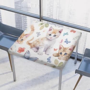 Imagem de hongjinglin Toalha de mesa quadrada para uso ao ar livre com borda elástica, capa de mesa quadrada limpável, gato, borboleta, colorida, para ambientes externos, ambientes internos, pátio, jantar