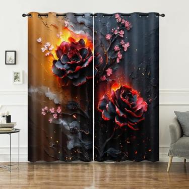 Imagem de AILONEN Cortina de janela rosa vermelha e preta, pintura a óleo 3D, cortinas de janela de flores românticas, 2 painéis 132 cm L x 160 cm A para decoração de quarto