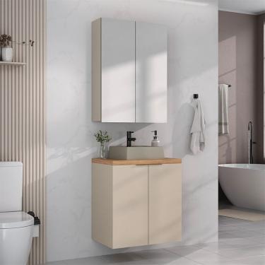 Imagem de Conjunto de Gabinete e Armário de Banheiro com Espelho Nature 4 Portas Nude e Carvalho 60 cm
