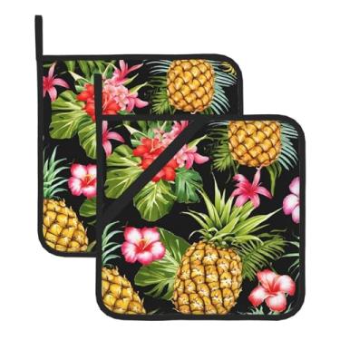 Imagem de Conjunto de tapete de panela quadrado resistente ao calor com estampa havaiana de abacaxi tropical, 2 peças antiderrapantes com alças para pendurar, para balcão de cozinha e proteção de mesa de jantar