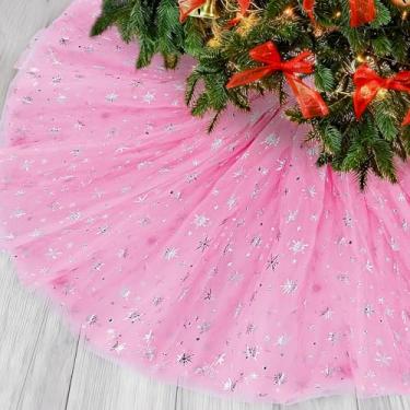 Imagem de Meetory Saia para árvore de Natal, saia rosa para árvore de Natal de 122 cm, saia de serapilheira de camada tripla macia com pompom para decorações de festas de Natal