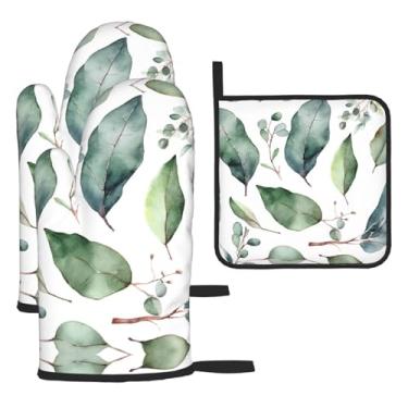 Imagem de Conjunto de cozinha essencial de 3 peças com estampa de folhas de eucalipto, luvas resistentes ao calor e aderência da tampa, proteção para churrasco no forno, design de armazenamento suspenso.