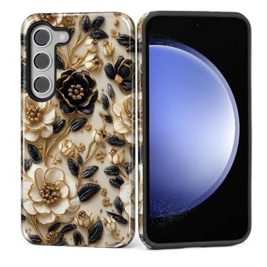 Imagem de ZHEGAILIAN Capa para Samsung Galaxy S23 Plus, capa rígida à prova de choque + silicone macio 2 em 1, híbrido, à prova de choque, proteção contra quedas, flor preta e branca