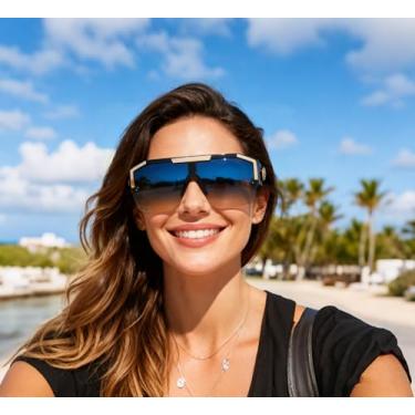 Imagem de Óculos de sol com armação plana quadrada grande para mulheres e homens, Armação preta, lente azul e amarela, One Size