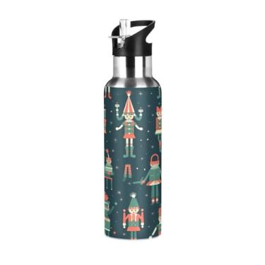 Imagem de Wassud Garrafa de água esportiva de aço inoxidável com isolamento a vácuo, padrão de quebra-nozes de Natal, 600 ml, com tampa de canudo à prova de vazamento, copo portátil, academia, viagem