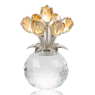 Imagem de Arikyrist Estatueta de buquê de rosas de ouro cristal com vaso redondo, flores de rosa de vidro, presentes românticos para mulheres mães no Natal, mesa de decoração colecionável para casa