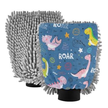 Imagem de STAYTOP Luvas de lavagem de carro de dinossauro de desenho fofo, 2 peças, luvas de microfibra de chenille, sem arranhões, panos de esponja de lavagem ultra absorventes para carros, limpeza doméstica