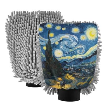 Imagem de STAYTOP Luvas de lavagem de carro estilo Van Gogh céu estrelado, 2 peças, luvas de microfibra de chenille, sem arranhões, panos de esponja de lavagem ultra absorventes para carros, limpeza doméstica