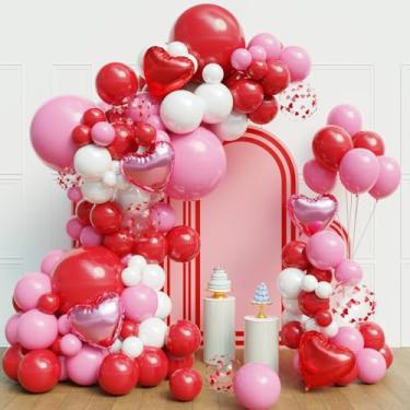 Imagem de Myafqsj Kit de guirlanda de arco de balão de dia dos namorados, 129 peças, 4 tamanhos, balões de confete vermelho, rosa e branco, com balão de coração de alumínio para decoração de aniversário