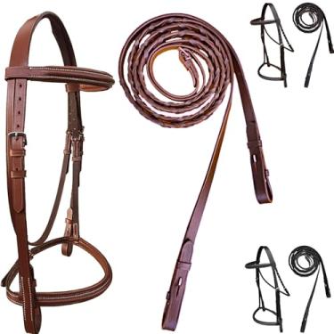 Imagem de Majestic Ally Freio inglês acolchoado elevado, couro premium, rédeas com cadarço combinando (castanho, pônei)