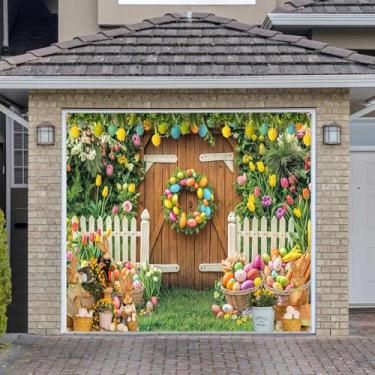 Imagem de Decoração de banner de capa de porta de garagem Happy Easter Coelho da Páscoa, ovos coloridos ao ar livre, individual, carro, garagem, porta, murais, decorações amigas, 20 x 18 m