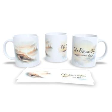 Imagem de Caneca com Arte em Aquarela, Paisagem Natural ao Pôr do Sol, Cerâmica Branca com Frase 'Ele Ressuscitou, Assim Como Disse', Design Inspirador (17261)