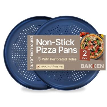 Imagem de Bakken Forma de pizza antiaderente de 40,6 cm, pacote com 2, bandeja redonda de aço carbono com furos perfurados, livre de PFOA, PFOS e PTFE, segura para lava-louças e forno de até 232 °C