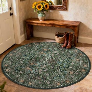 Imagem de Othilic Tapete redondo verde musgo 0,9 m - 7,5 x 7,5 cm, pequeno, macio, lavável, floral, redondo, antiderrapante, resistente a manchas, vintage, temperamental, círculo, tapetes para quarto, entrada