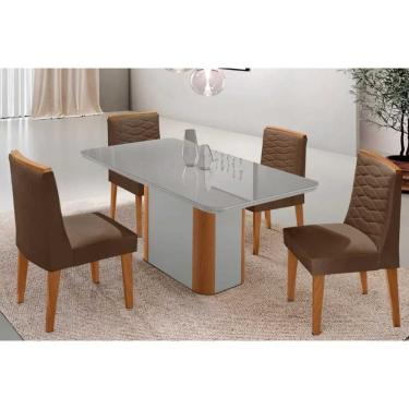 Imagem de Sala Jantar Mesa Pietá Tampo c/ Vidro Curvo 120cm+4 Cadeiras Maldivas Naturale/Off White - Suede Marrom - Rufato