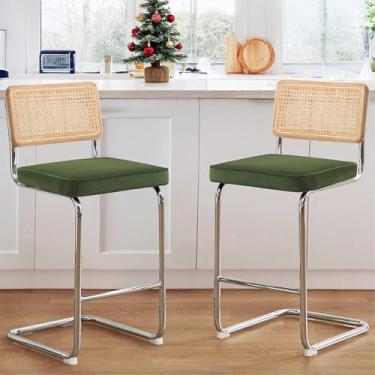 Imagem de Zesthouse Conjunto de 2 bancos de bar de vime natural, ferramentas modernas de 66 cm com altura de balcão Boho com encosto de madeira maciça, bancos de balcão de meados do século com almofada de