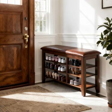 Imagem de PY HOME & SPORTS Banco de sapatos – Banco de sapateira de 3 níveis para entrada, prateleiras de armazenamento ajustáveis, bancos de armazenamento de seringueira para corredor, varanda, banheiro, 80 cm