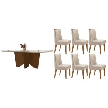 Imagem de Conjunto Sala de Jantar Nevada c/ Tampo Madeirado c/ Vidro Canto Curvo 180x90cm e 6 Cadeiras Dafne Madeira Maciça Naturale/Off White - Capuccino/Suede