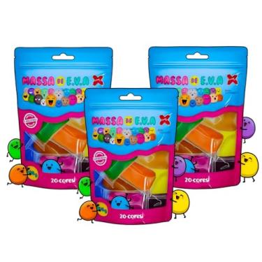 Imagem de Kit 3 Massa de Modelar Eva, 20 Cores, 250g Total, Atóxico, Multicolorido, 60 Peças, para Atividades Escolares