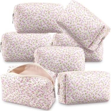 Imagem de Paterr 6 peças de bolsa de maquiagem acolchoada a granel para mulheres meninas meias de Natal presentes de dama de honra bonito algodão bolsa cosmética laço floral coquete estética viagem bolsa de