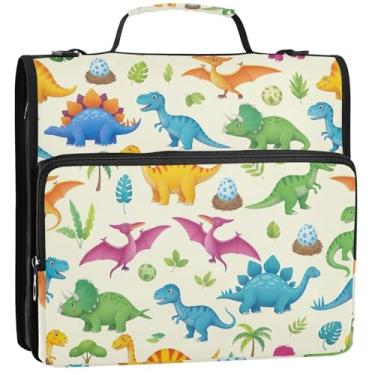 Imagem de Organizador de fichário com zíper, creme pastel dino, fichário de 3 cm, fichário de documentos resistente com alça de ombro para portfólio escolar e estojo para pasta de anéis, 34,5 x 31,5 x 9 cm