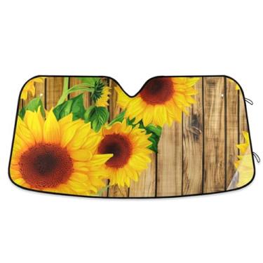 Imagem de Girassóis brilhantes pára-sol rústico de madeira para para-brisa de carro óculos retráteis universais engraçados para janelas dianteiras floral automotivo M, 139,7 cm x 70,1 cm