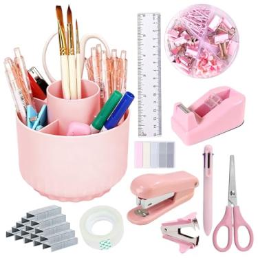 Imagem de Smloplom Acessórios de mesa rosa, 11 peças, organizador de mesa com suporte giratório de 360°, grampeador, grampeador, removedor de grampo, caneta, régua, dispensador de fita, clipes, tesoura, notas