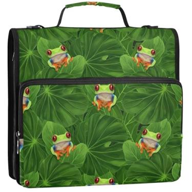 Imagem de Documento 3 fichários anel D 1,5 polegada sapo vibrante folhas verdes tropicais zíper pasta escola bolsa com alça de ombro 34,5 x 31,5 x 9 cm