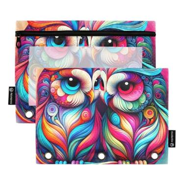 Imagem de GAIGEO Bolsa para lápis de pássaros coloridos com coruja néon, 3 anéis, fichário com zíper, sacos de lápis de tecido, fichários transparentes, estojo para canetas, crianças escolares, 25 x 18 cm, 2