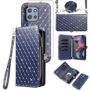 Imagem de Asuwish Capa de celular para Motorola Moto G 5G 2025 com zíper carteira destacável com protetor de tela transversal alça de cordão brilhante flip porta-cartão slot G5G 5 G G5 mulheres meninas azul