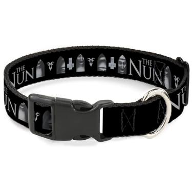 Imagem de Warner Bros. Coleira para animais de estimação de filmes de terror, fivela de plástico para coleira de cachorro, The Nun Demon Nun Valak Face com ícones e logotipo cinza preto, 38 a 61 cm de largura