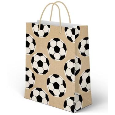 Imagem de Whaline 24 peças de sacos de presente de papel de futebol com alças, sacos de lembrancinha de festa, sacos de guloseimas esportivas marrons para dia de jogo, eventos esportivos, suprimentos de festa