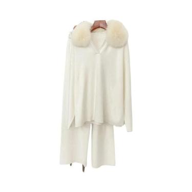 Imagem de Conjunto De Suéter De Tricô Feminino Primavera Outono Com Gola De Pele