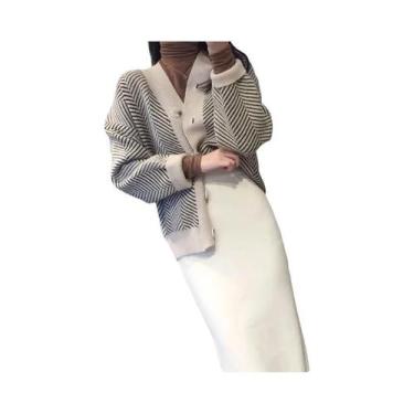 Imagem de Cardigan Feminino De Manga Longa Listrado Suéter De Tricô Casual Para 