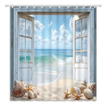 Imagem de JEJOMEAG Cortina de chuveiro Ocean Beach azul-petróleo para porta de celeiro paisagem costeira natureza retrô madeira tecido rústico decoração de banheiro cortina com ganchos, 70Lx70A