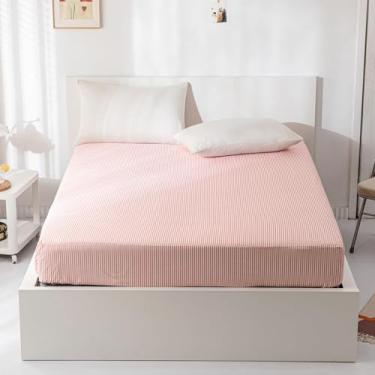 Imagem de HighBuy Lençol Queen com elástico refrescante – 100% algodão cetim macio listrado rosa bolso profundo – elástico durável para colchão de 38 cm – lençol Queen com elástico para dormitório universitário