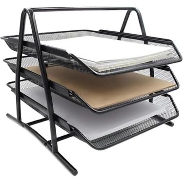 Imagem de Organizador de Papéis com 3 Bandejas – Porta Documentos, Arquivo de Mesa, Organizador de Escritório Empilhável – Preto, Documentos A4 Caixa de Correspondência Rack Aço Inox, Removível