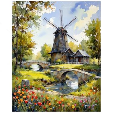 Imagem de Kit de pintura de paisagem por números para adultos - moinho de vento faça você mesmo com ponte e pintura de flores em tela, conjunto de tinta acrílica, adequado para iniciantes, arte da natureza para