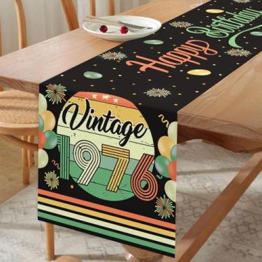 Imagem de Caminho de mesa vintage de feliz aniversário 1976, padrão de fogos de artifício de balão, bandeira retangular descartável, decoração de mesa de jantar de cozinha sazonal para decoração de festa de