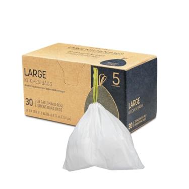 Imagem de Delletir Sacos de lixo 30 unidades, sacos de lixo com cordão branco | Resistente a vazamentos, resistente a rasgos, sem cheiro | Para banheiro, escritório, caixotes de quarto (28,5 × 33,20 cm)