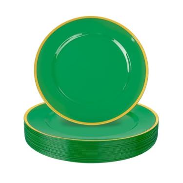 Imagem de WDF 25 peças de placas de carregamento de plástico verde - Carregadores verdes e dourados de 30 cm para jantar - Placas de carregamento verdes descartáveis - perfeitas para decoração de mesa de Natal