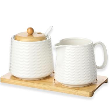 Imagem de Conjunto de açúcar e creme de cerâmica, conjunto de servir café de porcelana com jarra de creme, açucareiro, tampa e colher, recipiente de creme de 290 ml e pote de açúcar (CTNAI231)