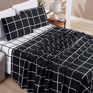 Imagem de Jogo De Lençol Minimalista Queen 4 Peças Percal 200 Fios Quadriculado - Preto - 100% Poliéster