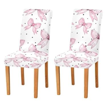 Imagem de SEHANY Conjunto de 2 capas de cadeira com laço de bolinhas rosa para sala de jantar, elástico, removível e lavável, para cozinha, hotel, festa, Natal
