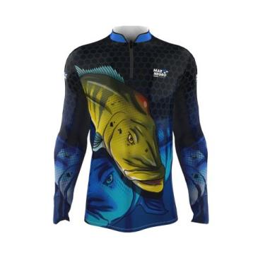 Imagem de Camiseta Mar Negro Peixe Pesca Proteção Solar 50+ Com Luvinha Tucunaré