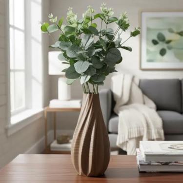 Imagem de Arranjo de Eucalipto Verde Artificial 45cm com Vaso Ondulado – Decoração Sofisticada para Casa e Escritório (Marrom)