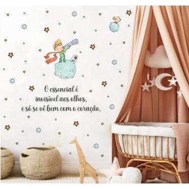 Imagem de adesivo de parede pequeno príncipe pintura decoração lua ovelha frase 