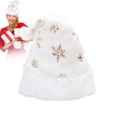 Imagem de Chapéu de Papai Noel Branco, Chapéu de Natal Branco - Chapéu confortável com flocos de neve brilhantes - Chapéu festivo macio e aconchegante, chapéu de Natal felpudo para mulheres e homens