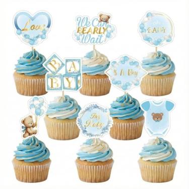 Imagem de 48 peças de topos de cupcake We Can Bearly Wait, decorações de palitos de sobremesa de chá de bebê de urso, enfeites de bolo de urso azul It's a Boy para festa de aniversário de meninos, festa de